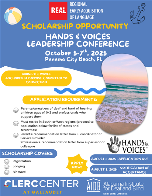 scholarship announcement flyer for Hands & Voices Conference with regsitration information, criteria and due dates